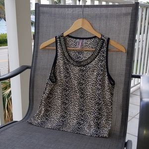 Mauve leopard print knit top with beaded neck